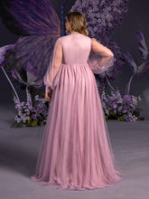 Plus Maternity  Applique Detail V Neck Lantern Sleeves Mesh Evening Dress